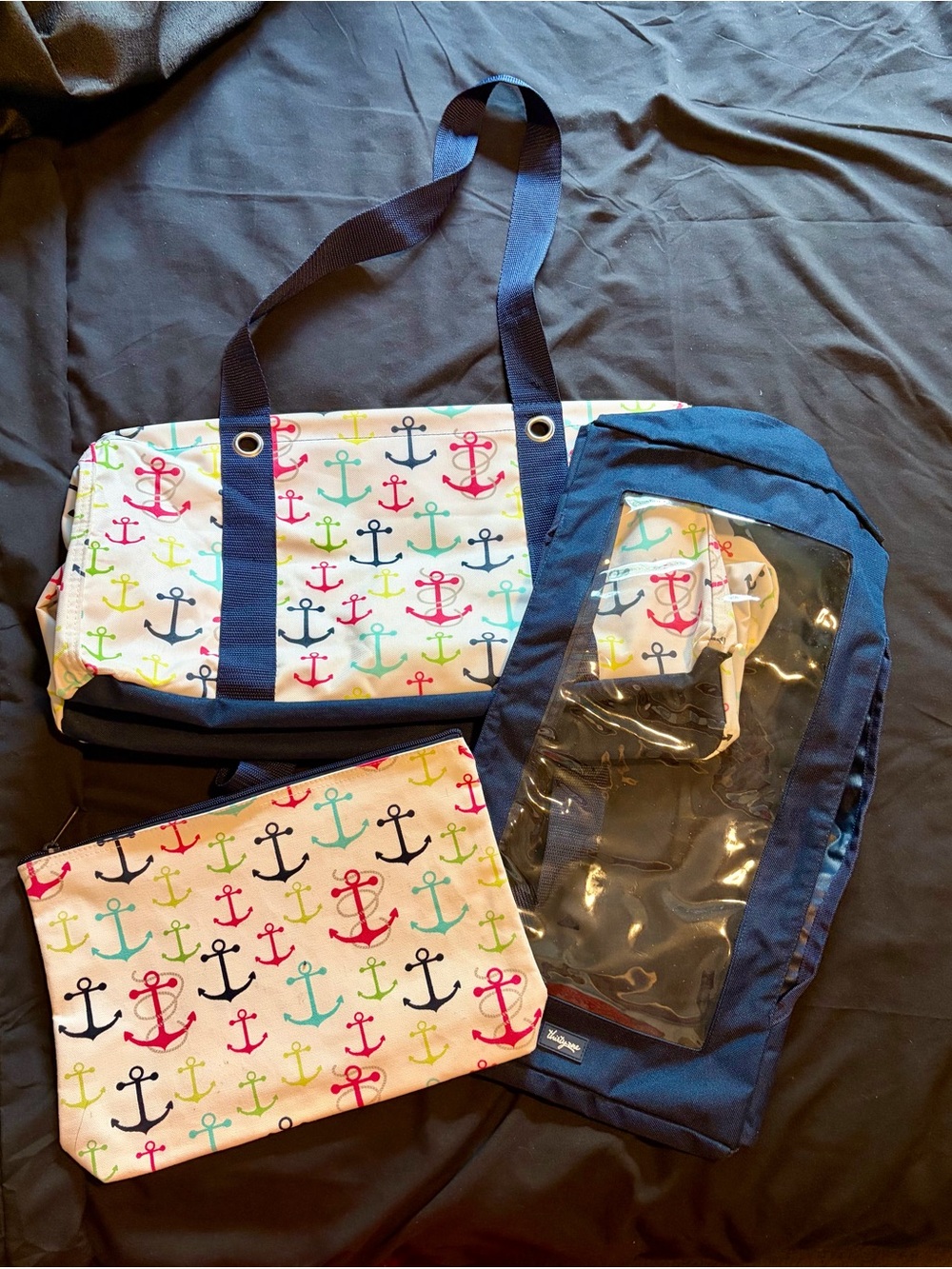 Anchor Print Travel Tote and Pouch Set with Lid